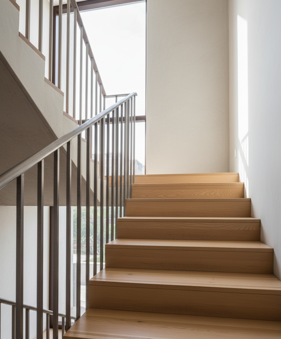 Steel balustrade and timber staircase