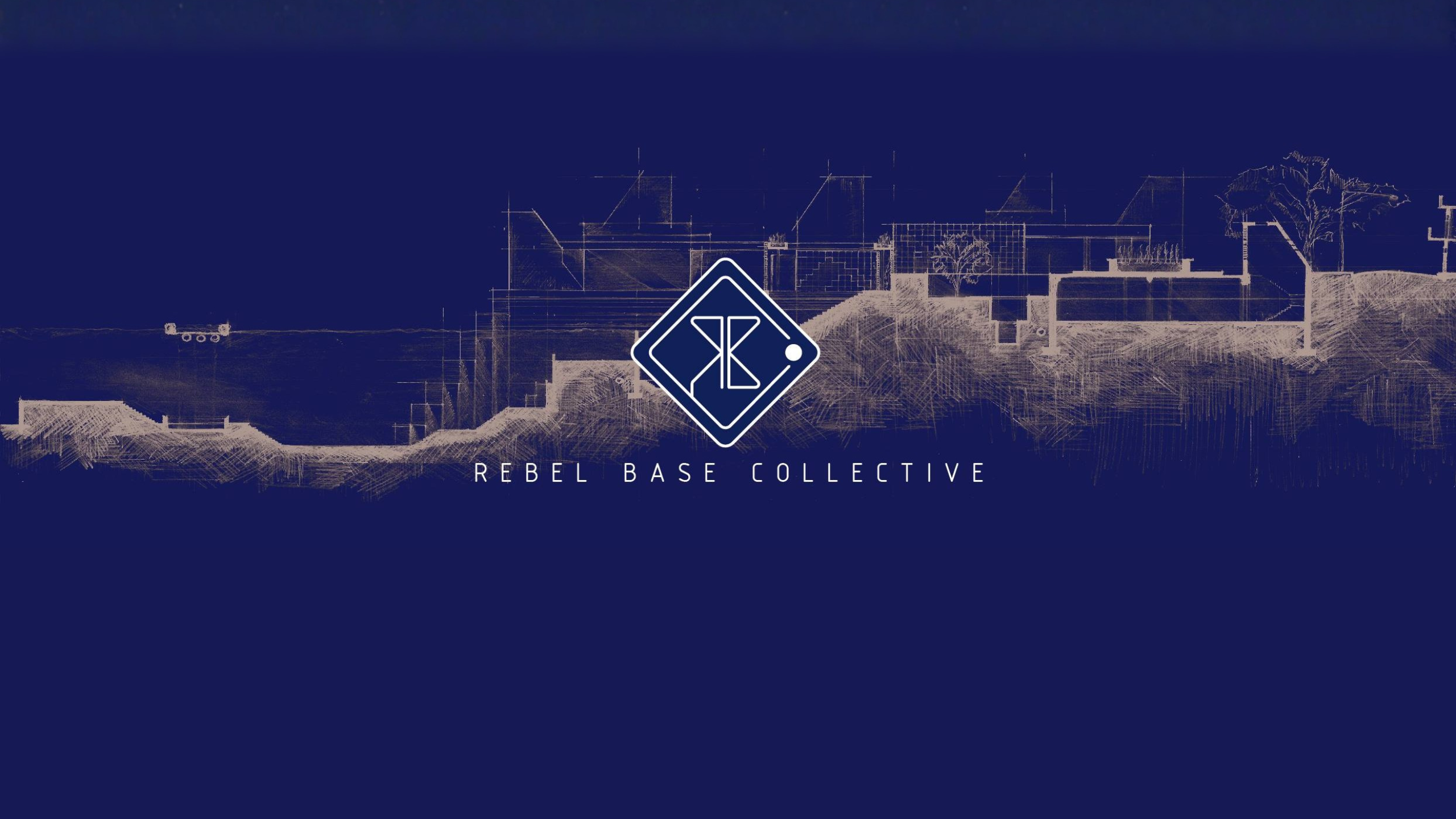 Rebel Base Collective architectural line drawing on Midnight Indigo